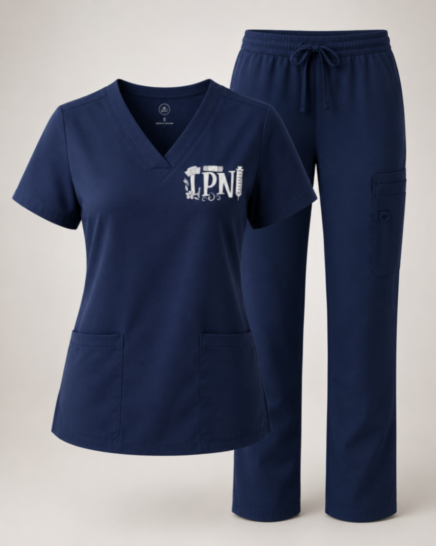 LPN embroidered scrub top — navy