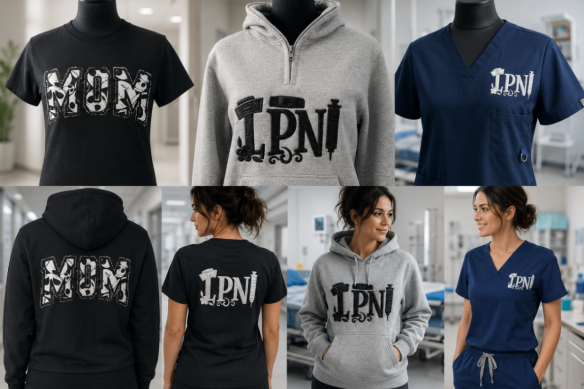 Full collection — MOM and LPN embroidery on multiple garments